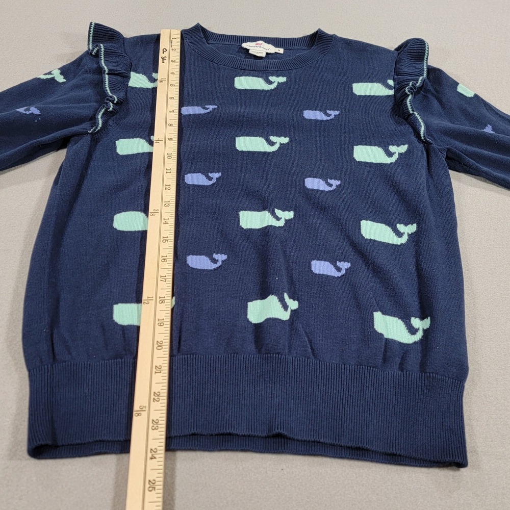Vineyard Vines Sweater Whale Print Ruffle Shoulder Navy Preppy Women's Medium - Picture 7 of 9
